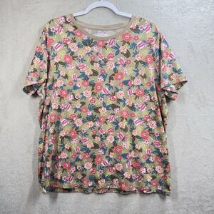 Lands' End Relaxed Fit Short Sleeve Floral Crew Neck Shirt Size XL Casual